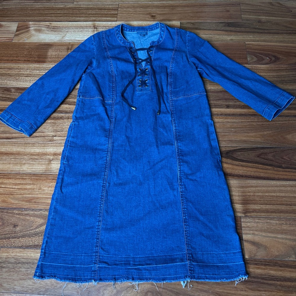J Jill Denim Dress XS Petite Blue Lace Up Frayed Hem Casual Mini